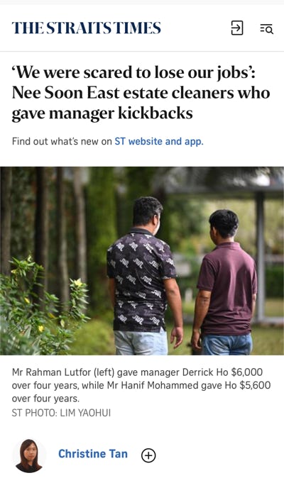 Kickbacks (Jan 2025) TWC2 saw seven kickback cases in 2019, and 11 in 2020.It now handles about two cases per year, but the drop may be due to workers not speaking up for fear of losing their jobs after the Covid-19 pandemic. - Ethan Guo, TWC2 Executive Director